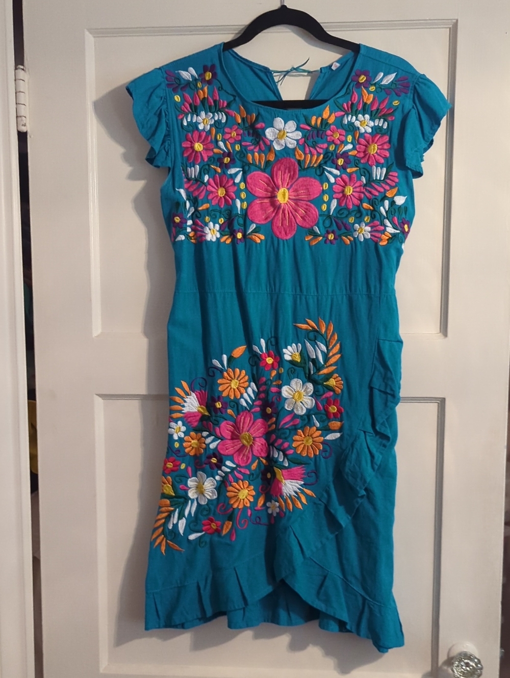 Teal Floral Cotton Embroidered Women’s Dress - Knee Length From Mexico